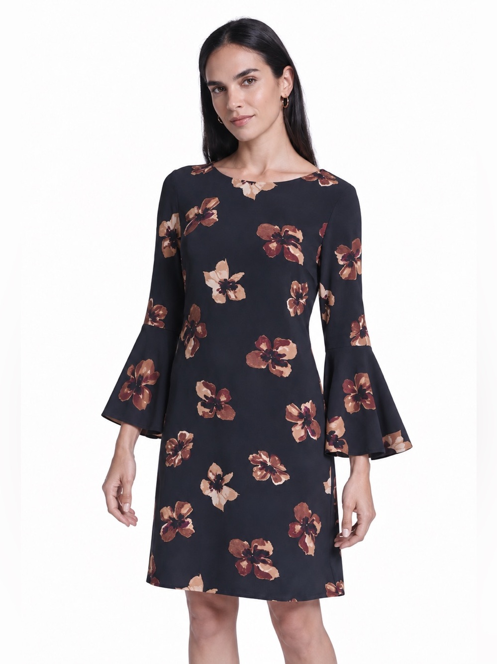 TOMMY HILFIGER Women's Black Floral-Print Bell Sleeve Shift Dress Size 12